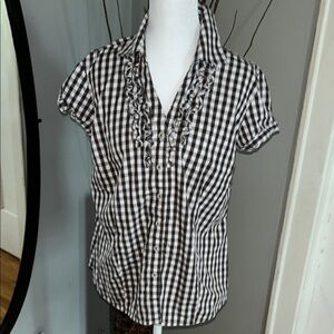 Wardrobe Brown and White Checkered Ruffle Blouse